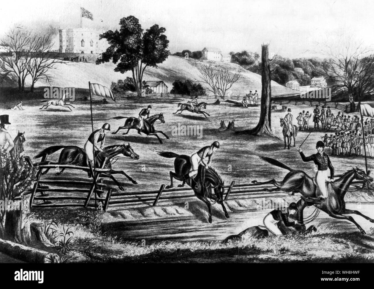 Ontario steeplechasing - on 9th May 1843, the army in 'Canada West' put on a grand Military Steeplechase at London, 100 miles west of Toronto. This was only the second year of racing in Ontario, which in the next 15 years became more successful than that of Quebec because of an English rather than a French population. Canadian steeplechasing, beginning thus early and vigorously, was the principal parent of American. The History of Horse Racing by Roger Longrigg, page 220. Stock Photo