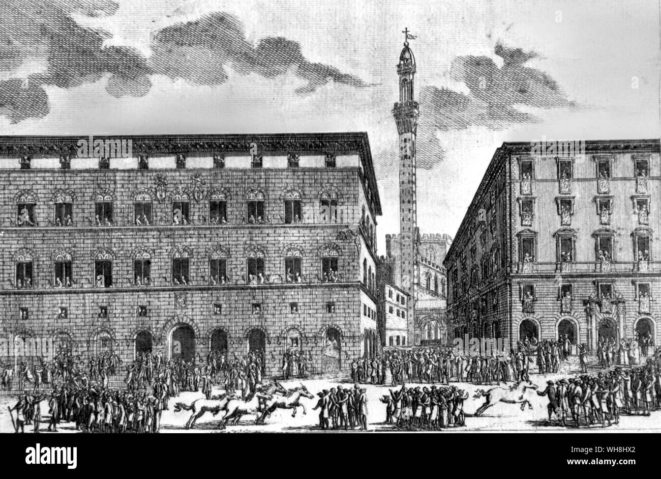 From an early period the Sienese sports were varied by bullfights, pageants, tourneys, mock battles, real battles and these races for riderless barberi along the streets. Sienese horses were said to be able to gallop scossi, without jockeys, as well as mounted. certainly these are not hung about with the Roman and Florentine goads (compare pp.101, 194). The History of Horse Racing by Roger Longrigg, page 67. Stock Photo