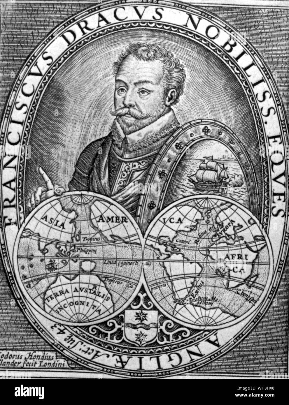 Sir Francis Drake, (c.1540-1596) was an English privateer, navigator, naval pioneer and raider, politician, civil engineer, and boating enthusiast of the Elizabethan period. He was the first captain to completely circumnavigate the globe (Magellan did not live to finish his circumnavigation). He was also second in command of the English fleet against the Spanish Armada in 1588. Antarctica: The Last Continent by Ian Cameron, page 27. Stock Photo