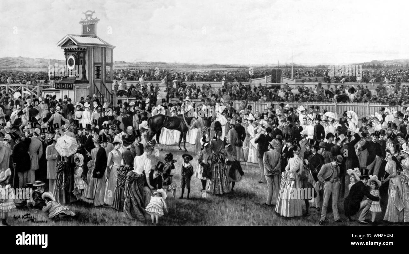 This is Derby day 1886, in the week before the Cup. The Victorian Derby was inaugurated in 1855. it attracted crowds only less great than those for the Cup, though in this privileged paddock area all is seemly and demure. The winner was Trident, centre (by Robinson Crusoe by Angler by Fisherman). Others in the picture include the Duke of Manchester and Miss Blair's Aboriginal, in the sailorsuit. The History of Horse Racing by Roger Longrigg, page 262. Stock Photo