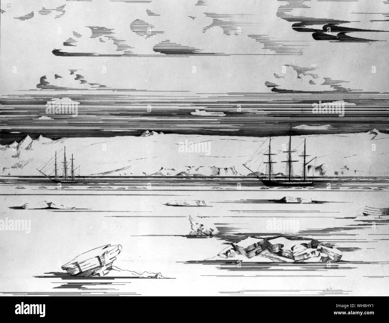 Fabian Gottlieb von Bellingshausen's ships - Vostok and Mirnyi. Bellingshausen explored Antarctica in the Vostok in 1820. Antarctica: The Last Continent by Ian Cameron, page 74. Stock Photo
