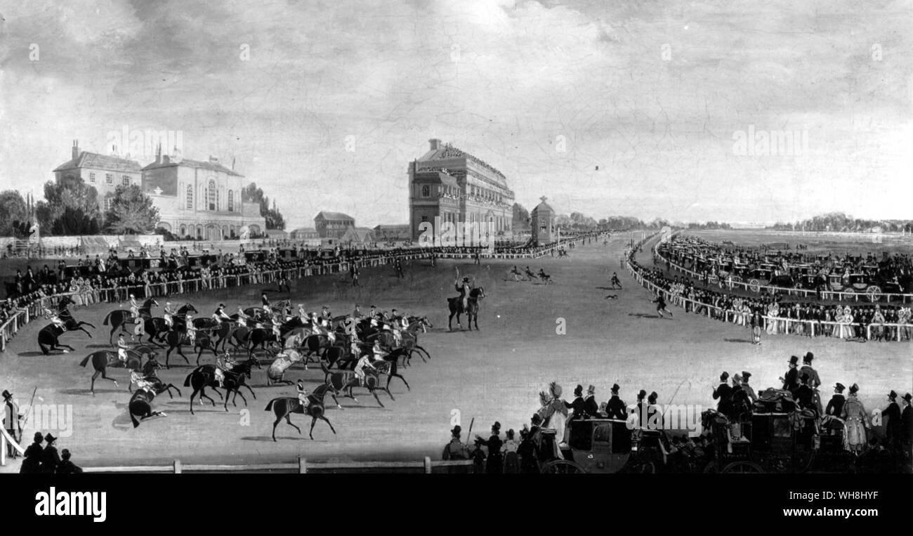 Doncaster racing had a long and patchy history. It became regular early in the 18th century and important in the middle. In 1778 it moved to this new course on the Town Moor. The towering grandstand was started in 1776 by order of the Corporation. it cost £2,637 and the architect John Carr was paid 100 guineas. In 1809, as a private speculation, another stand was built, overlooking the paddock, by a Mr Maw: but it became instead Miss Murphy's School for Young Ladies, then Dr Inchbald's School for Boys, and in 1830 a county school for deaf and dumb children, who watched the racing from their Stock Photo