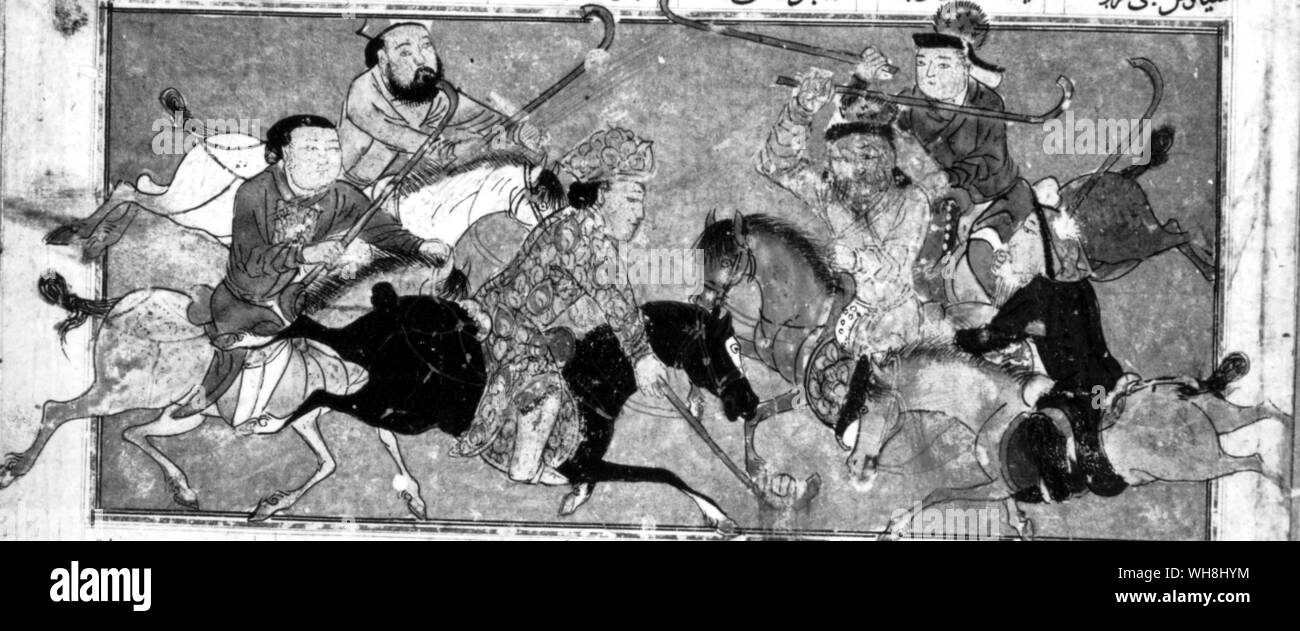 Persian polo, 14th century. After racing and hunting, polo is the oldest of all sports involving the horse. It was probably invented in Persia, and possibly in the time of Darius. From the beginning the game made great and special demands on the pony and its training. 'Their horses,' said an English traveller in 1613, 'are so well trained to this that they run after the ball like cats.' They must have been predominantly Arab. The History of Horse Racing by Roger Longrigg, pages 26-7. Stock Photo