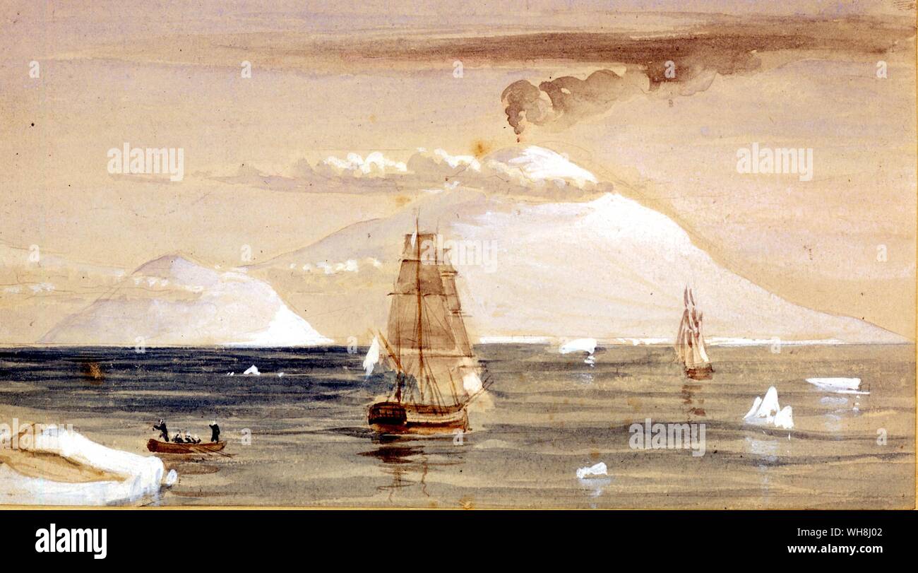 Mount Erebus on the beautiful Ross Island with James Clark Ross' Erebus and Terror in the foreground, 28 January 1841. By John Edward Davis (1815-77), second master of the Terror. From Antarctica: The Last Continent by Ian Cameron, page 97.. Between 1839 and 1843 Admiral Sir James Clark Ross, RN (1800-1862) commanded the Antarctic expedition of the HMS Erebus and HMS Terror which charted much of the coastline of the continent. In 1841, he discovered the Ross Sea, Victoria Land, and the volcanoes Mount Erebus and Mount Terror. The Victoria Barrier later gained the name Ross Ice Shelf in his Stock Photo