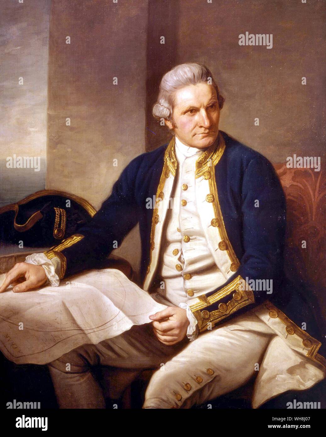 Captain James Cook (1728-1779), by Nathaniel Dance . (1735 -1811) c.1775. From Antarctica: The Last Continent by Ian Cameron, page 36.. James Cook was a British explorer, navigator, and map maker. He made three voyages to the Pacific Ocean, during which large areas were accurately charted, and several islands and coastlines recorded for the first time on European maps. His most notable accomplishments were the British discovery and claiming of the east coast of Australia, the European discovery of the Hawaiian Islands, and the first circumnavigation and mapping of New Zealand.. . . . . . . Stock Photo