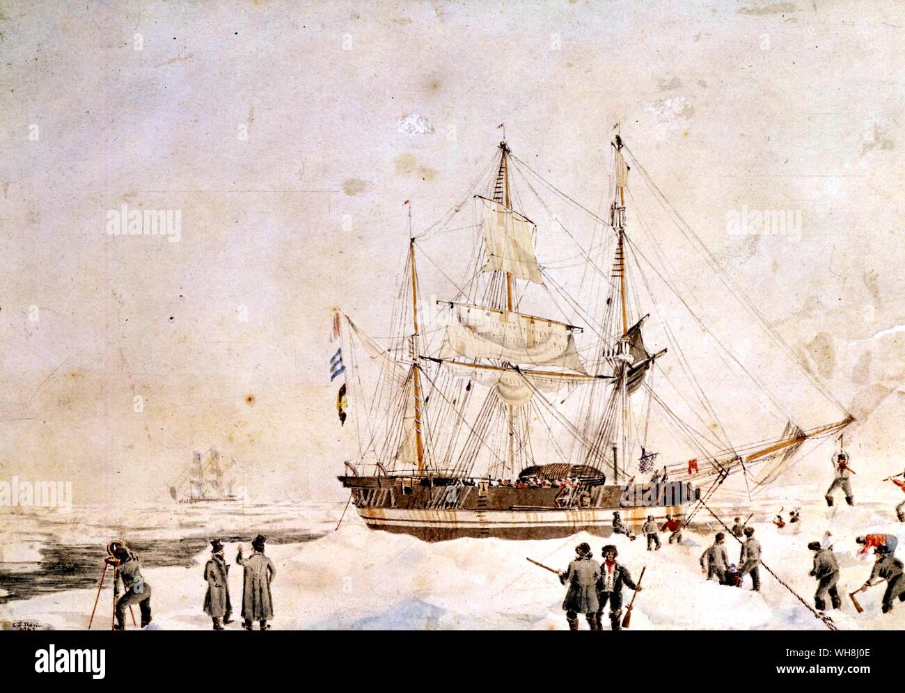 Detail of the Resolution beating through the ice, by John Webber, (1752-1793). Antarctica: The Last Continent by Ian Cameron, page 38.. The Resolution was responsible for some remarkable feats and was to prove one of the significant historical ships. She was the first ship to cross the Antarctic Circle (17 January 1773) and crossed twice more on the voyage. As a consequence the Resolution was instrumental in proving Dalrymple's Terra Australis Incognita (Southern Continent) to be a myth. On his third voyage, Captain James Cook crossed the Arctic Circle in the Resolution on 17th August 1778. Stock Photo