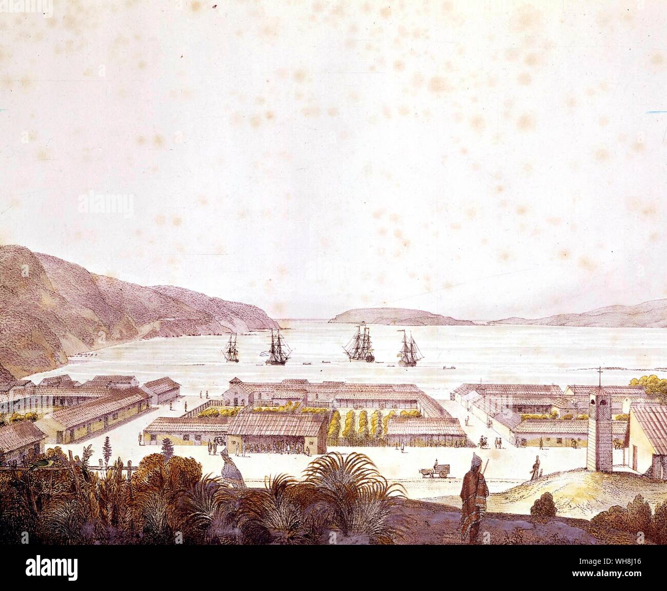 The town of Talcahuano and port of Concepcion. From Darwin and the Beagle by Alan Moorhead, page 171. Stock Photo