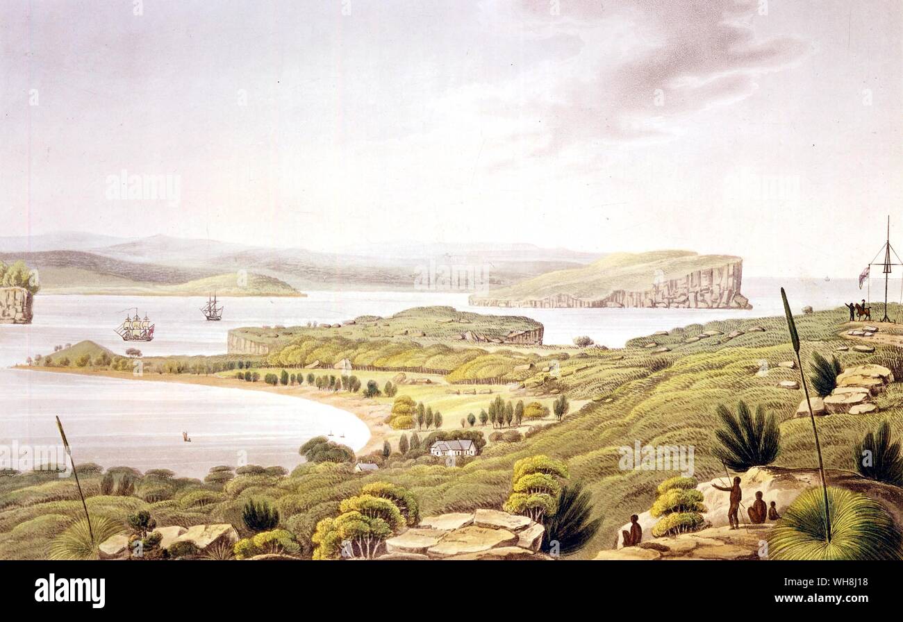 Entrance to Port Jackson, from Darwin and the Beagle by Alan Moorhead, page 241.. HMS Beagle set off on its third voyage in 1837 to survey large parts of the coast of Australia under the command of Commander John Clements Wickham, with assistant surveyor Lieutenant John Lort Stokes, who had been a Midshipman on the first voyage of the Beagle. They started with the western coast between the Swan River (modern Perth, Australia) and the Fitzroy River, Western Australia, then surveyed both shores of the Bass Strait at the southeast corner of the continent. In May 1840, the Beagle left Sydney to Stock Photo