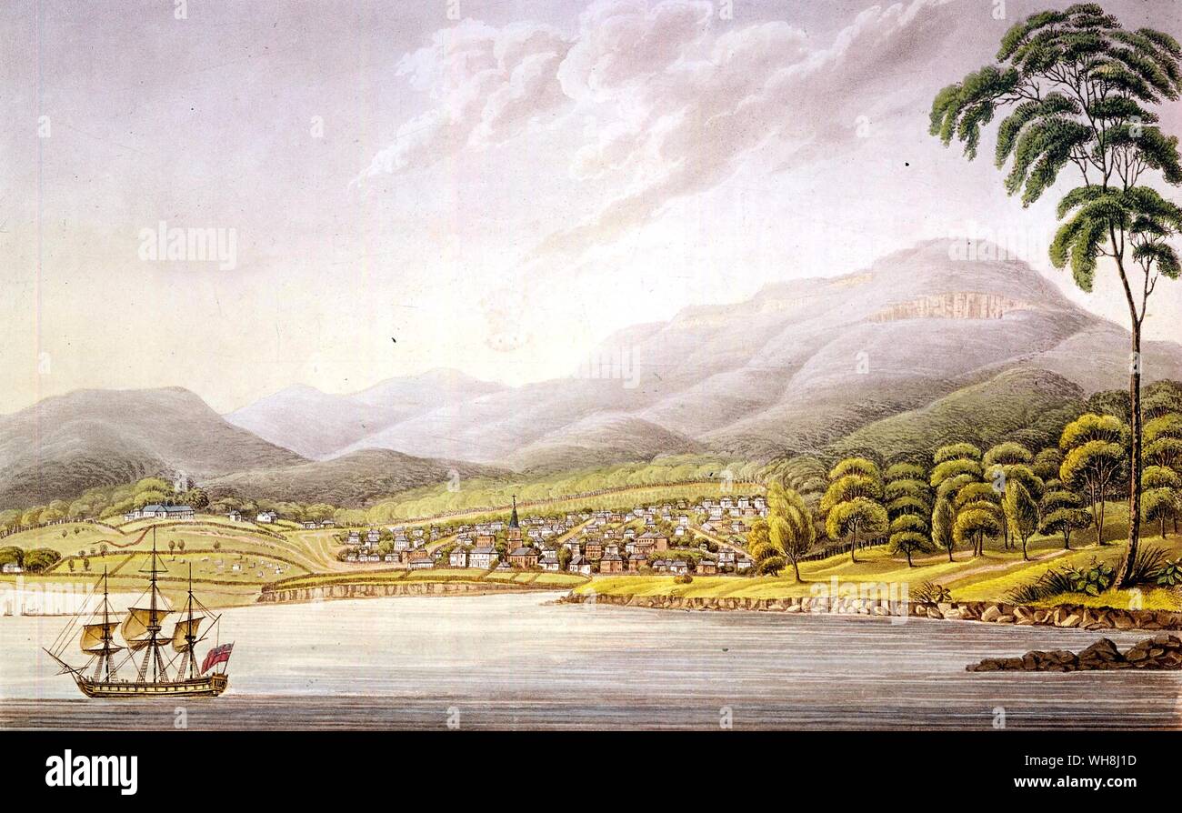 Hobart Town, Tasmania from Darwin and the Beagle by Alan Moorhead, page 241.. HMS Beagle set off on its third voyage in 1837 to survey large parts of the coast of Australia under the command of Commander John Clements Wickham, with assistant surveyor Lieutenant John Lort Stokes, who had been a Midshipman on the first voyage of the Beagle. They started with the western coast between the Swan River (modern Perth, Australia) and the Fitzroy River, Western Australia, then surveyed both shores of the Bass Strait at the southeast corner of the continent. In May 1840, the Beagle left Sydney to Stock Photo