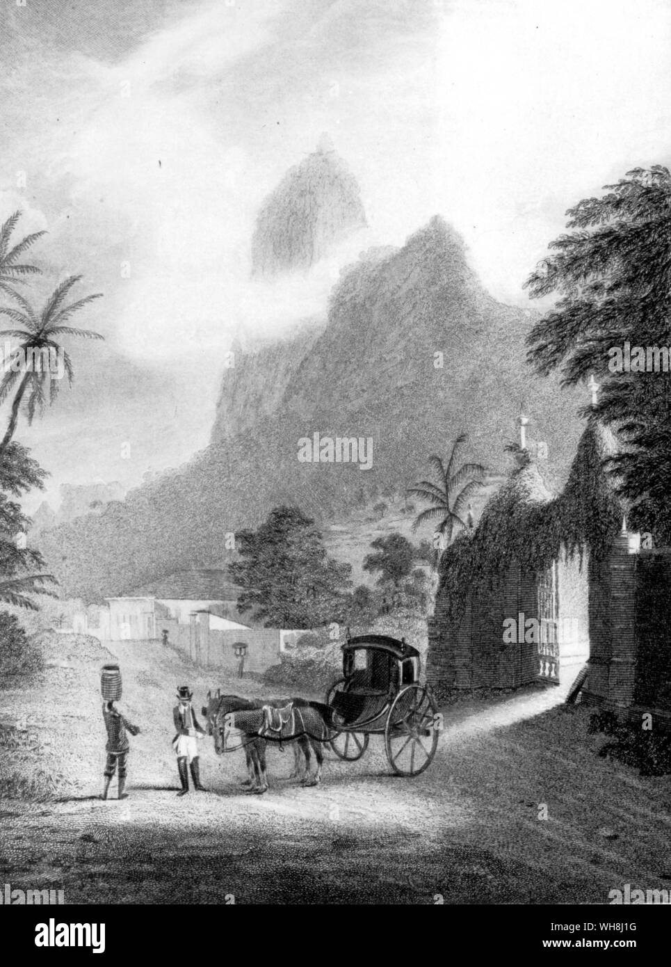 Corcovado mountain, Rio de Janeiro, at the foot of which Darwin and Augustus Earle shared a cottage. Drawing by Augustus Earle..' (quote). Darwin and the Beagle by Alan Moorhead, page 66. Stock Photo