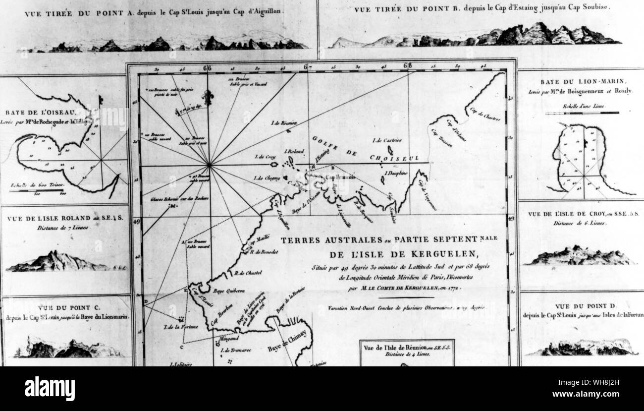 Kerguelen island map - the northern part. Antarctica: The Last Continent by Ian Cameron, page 30. Stock Photo