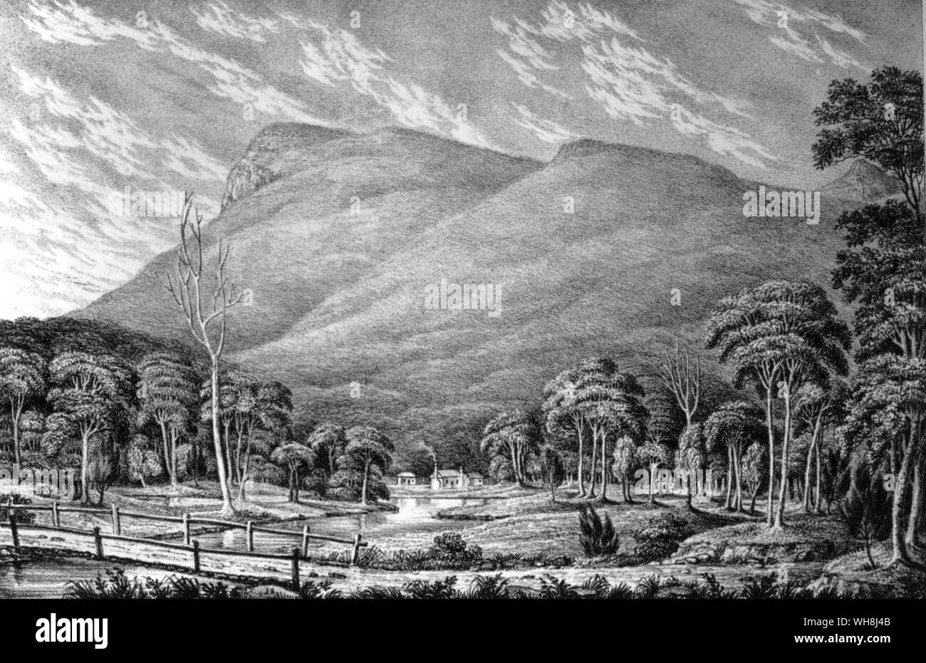 Mount Wellington, Tasmania, which Darwin climbed, but which he found of little picturesque beauty. Altogether both he and FitzRoy were disappointed by the scenery of New Zealand and Australia. Darwin and the Beagle by Alan Moorhead, page 235. Stock Photo