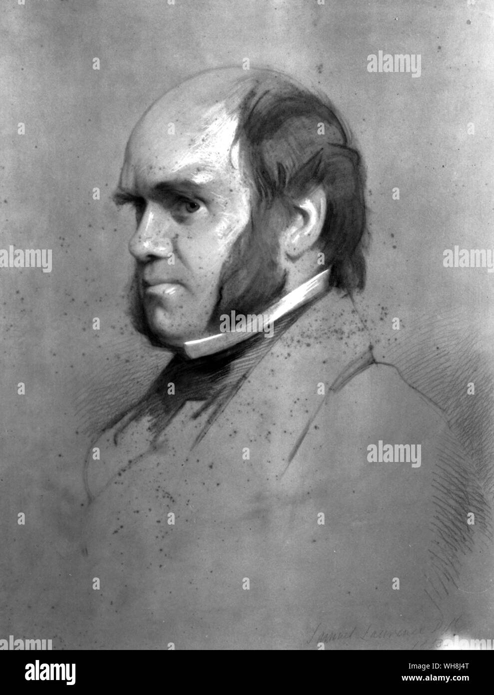 Charles Darwin in 1853. Chalk drawing by Samuel lawrence (1817-1884). From Darwin and the Beagle by Alan Moorhead, page 246.. Charles Robert Darwin (1809 -1896) was a British naturalist who achieved lasting fame as the originator of the theory of evolution through natural selection. Darwin's five-year voyage on the Beagle brought him eminence as a geologist and fame as a popular author. His biological observations led him to study the transmutation of species and develop his theory of natural selection in 1838. His 1859 book, The Origin of Species by Means of Natural Selection, or The Stock Photo