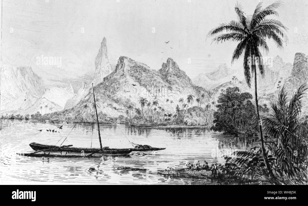 A view of Tahiti near Matavai, by Conrad Martens (1801-1878), English artist active in Australia from 1835, who replaced Augustus Earle as the Beagle's official artist. Darwin and the Beagle by Alan Moorhead, page 216. Stock Photo