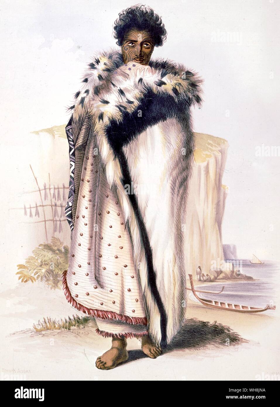 A Maori chief wearing feather trimmed cape of his rank Stock Photo