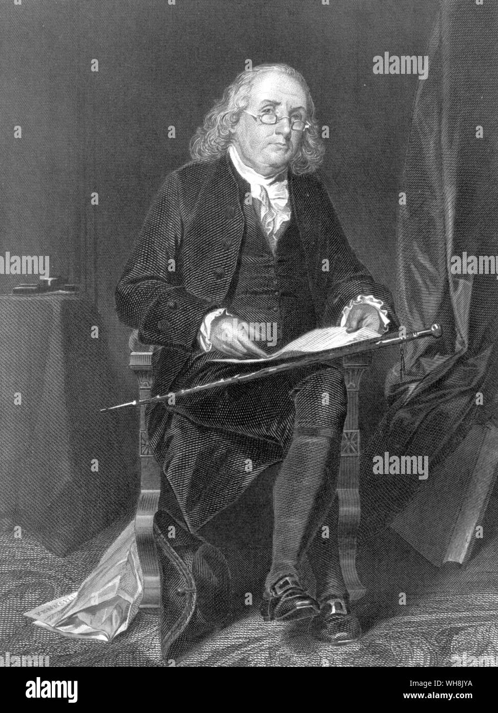 Benjamin Franklin (1706-1790)  US scientist, statesman, writer, printer and publisher  with the Pennsylvania Gazette lying at his feet Stock Photo