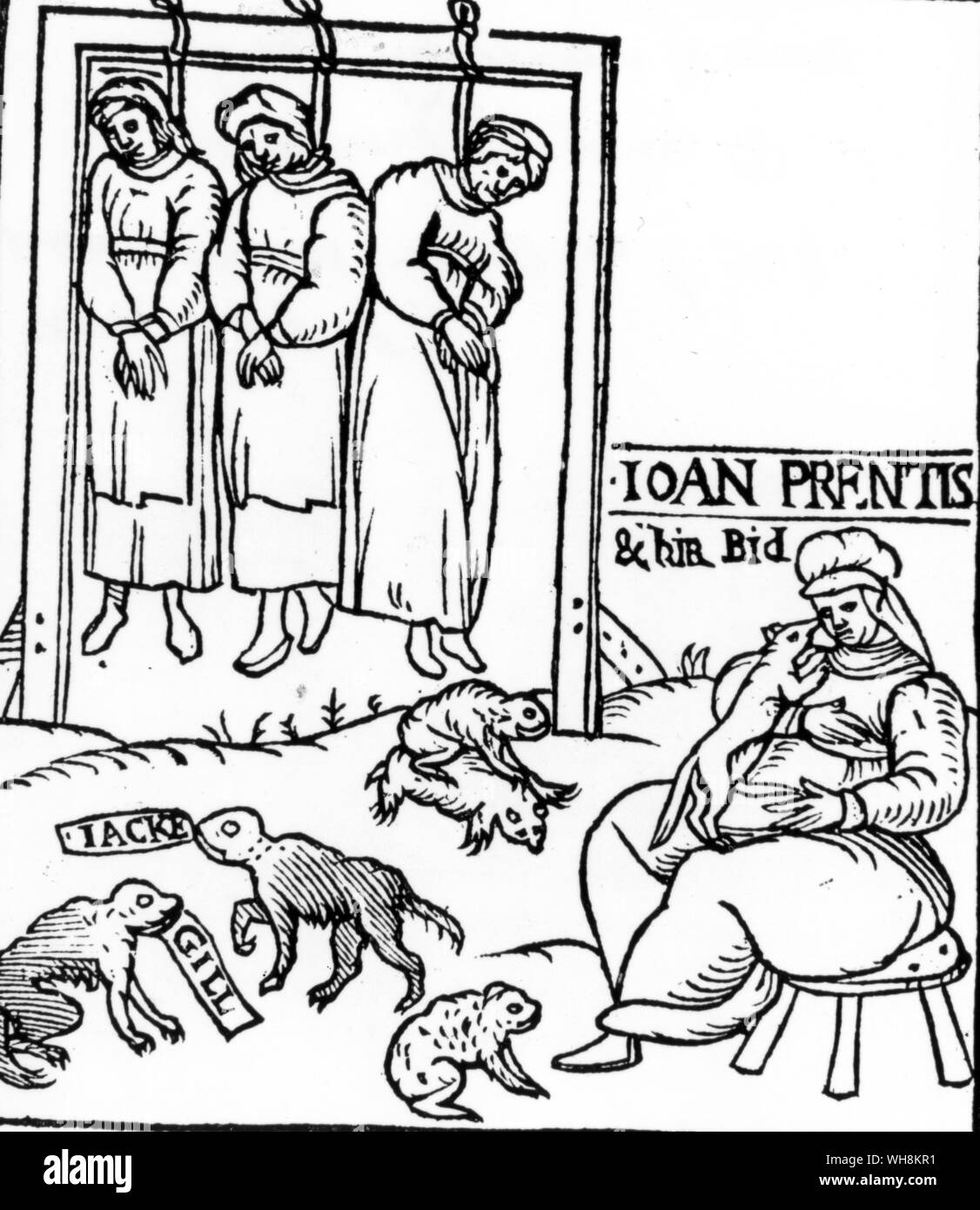 A sixteenth century woodcut depicting the death of witches by hanging Stock Photo
