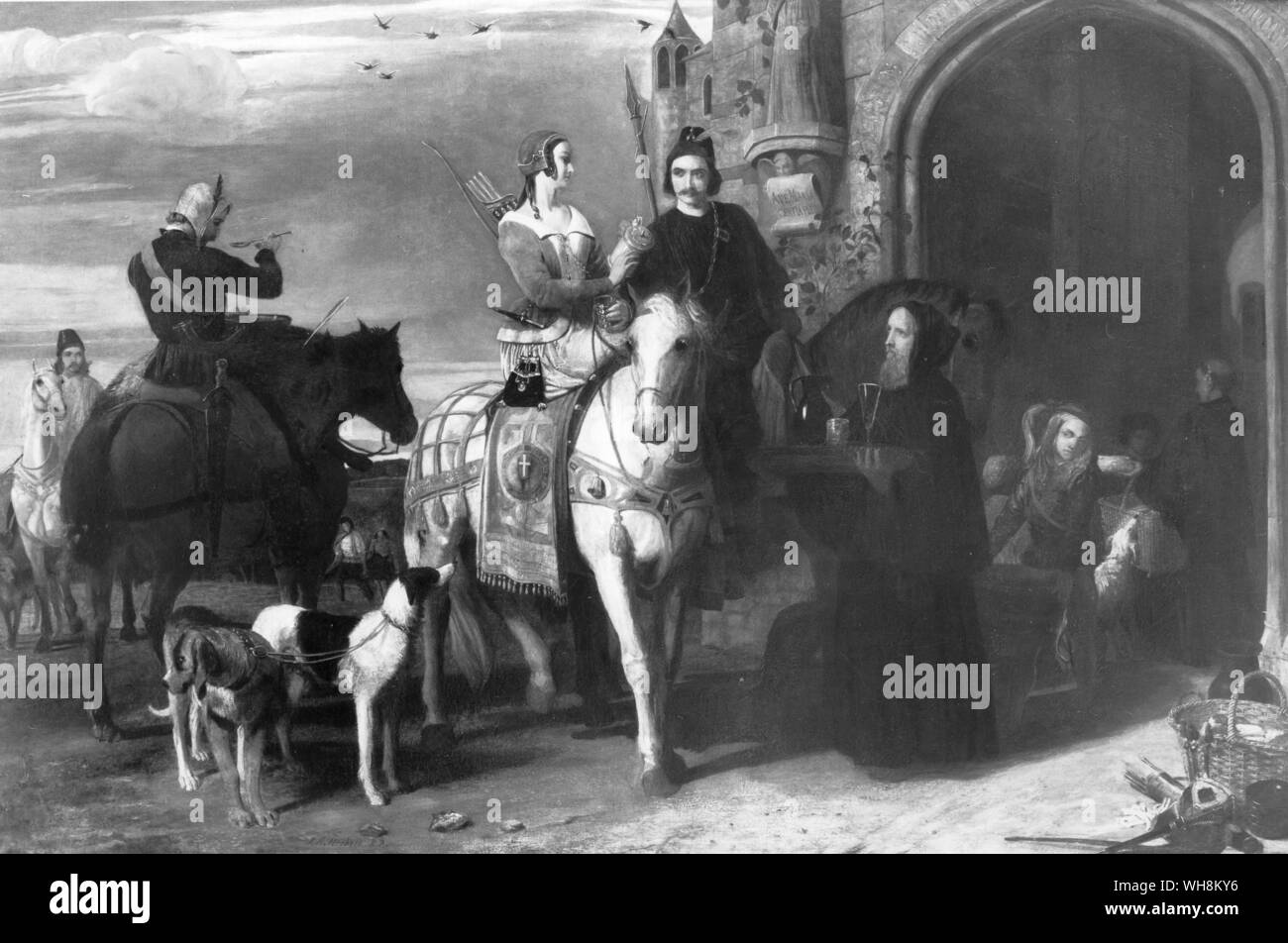Nineteenth century painting by J R Herbert recreates a fourteenth century scene of a noblewoman mounted side saddle arriving at St Augustine's Monastery Canterbury Stock Photo