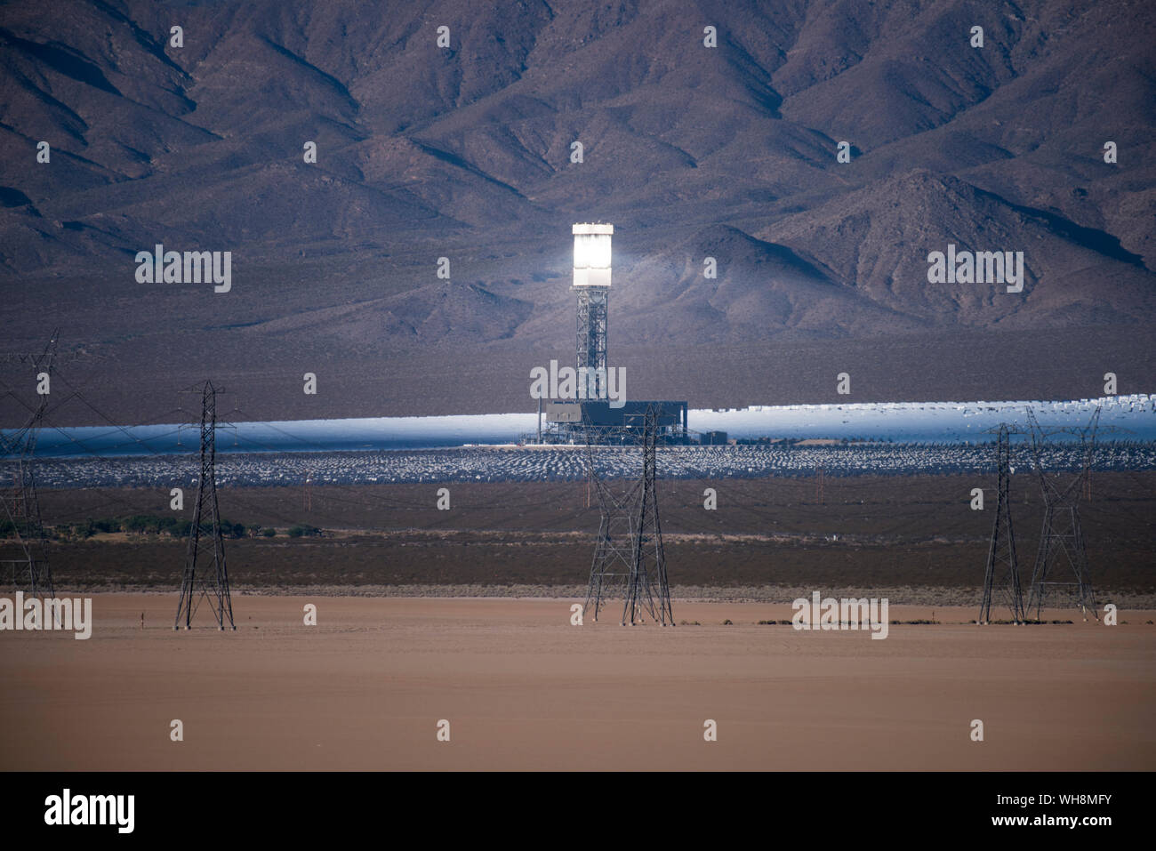 The Ivanpah Solar Electric Generating Station generates electricity in the Mojave Desert in San Bernardino County, California Stock Photo