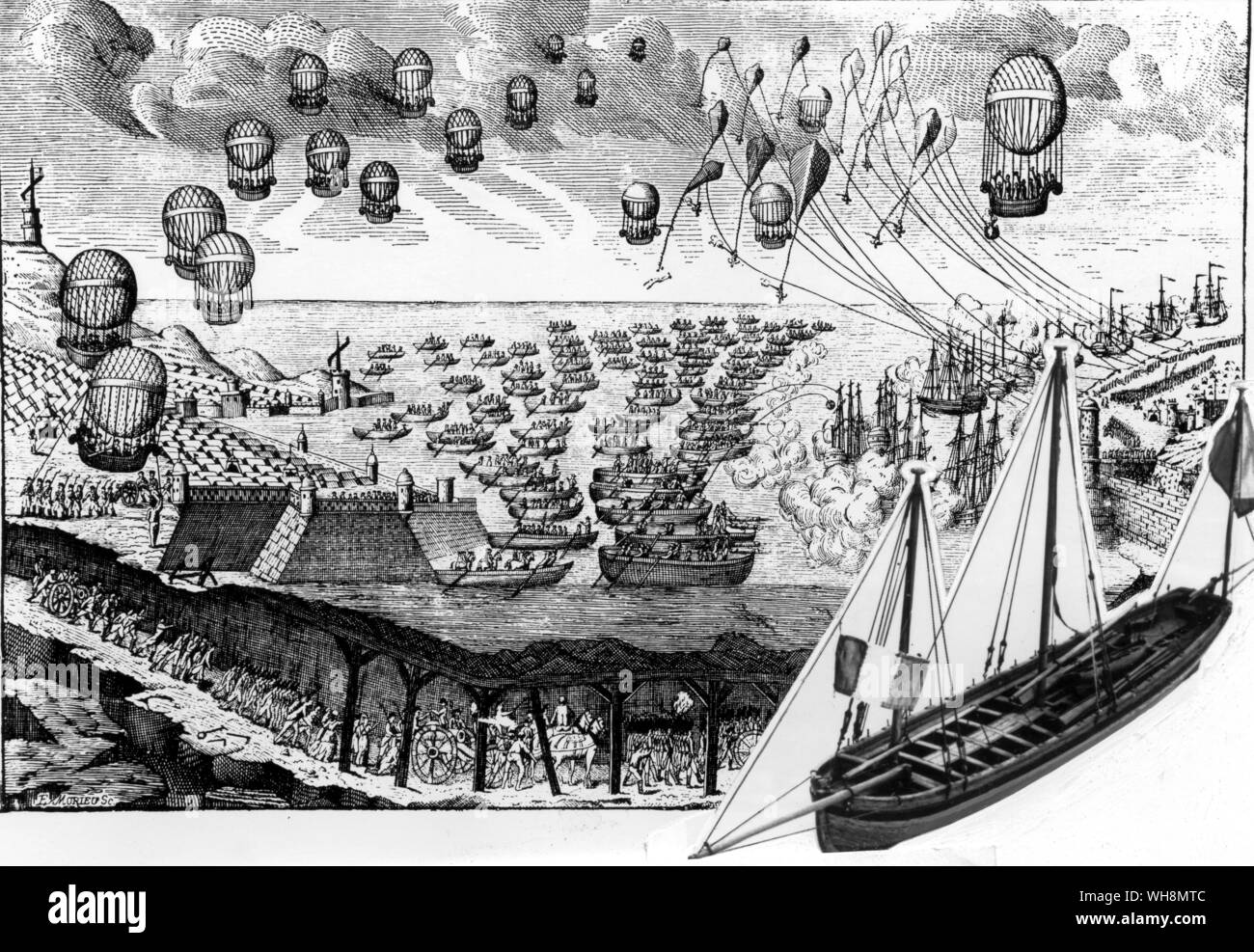 The project for the invasion of England 1803-5 - fantasy and reality. The cartoon shows the invasion army rowing itself across the Channel preceded by airborne forces in balloons, while more troops pass through a Channel tunnel. The insert shows a peniche, one of the specially-designed but unseaworthy invasion craft. Mansell Collection, (insert) Musee de la marine, paris Stock Photo