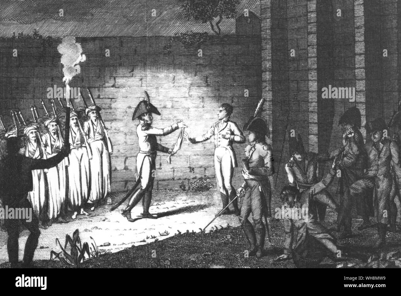 ... a sensational vengeance on the royalists...': the shooting of the kidnapped Duc d'Enghien on 21 March 1804 at Vincennes after a 'trial' by a military court. A contemporary royalist engraving. Bibliotheque Nationale, Paris. Stock Photo