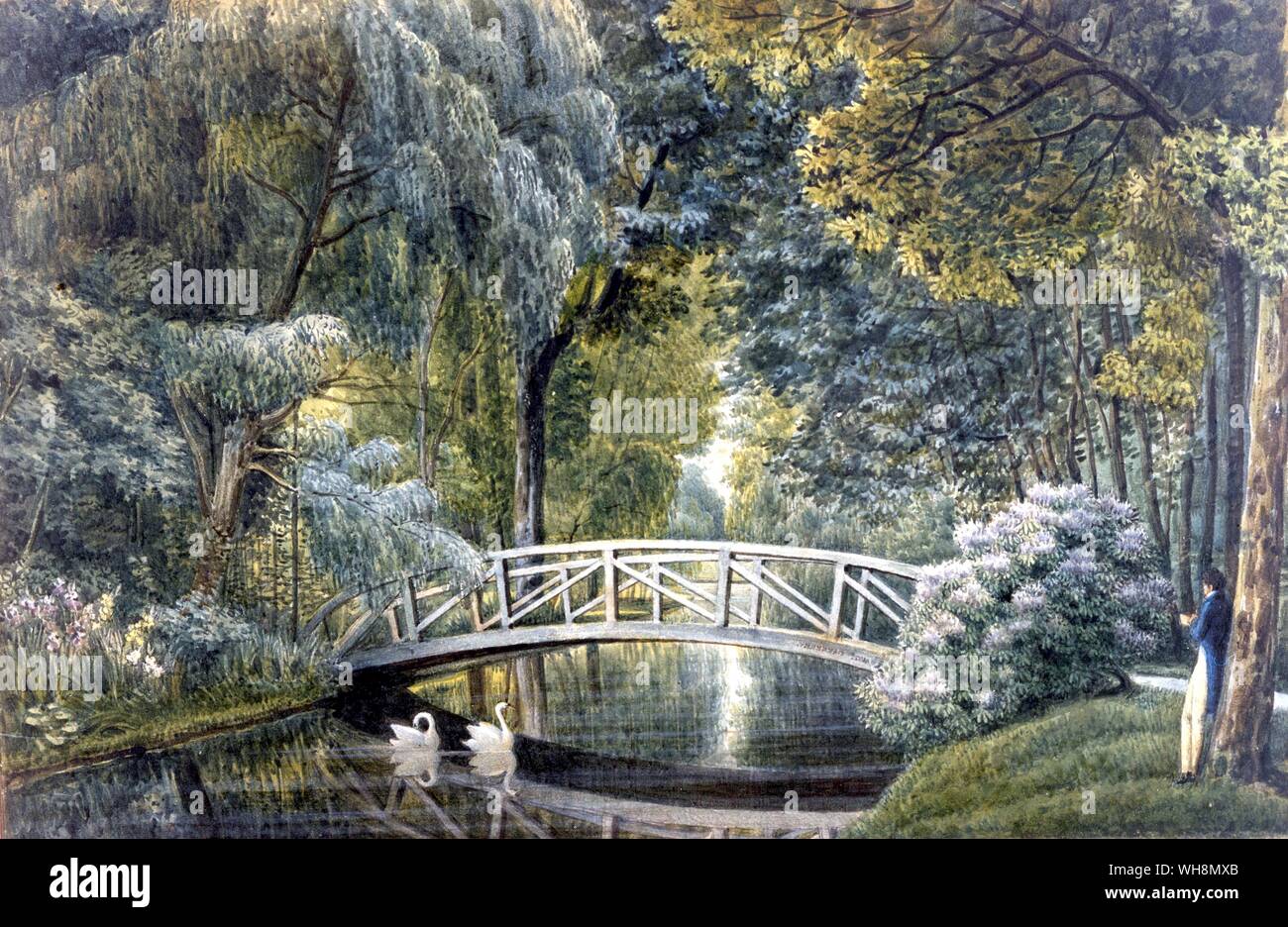 View of the wooden bridge over the English river at Malmaison.  Watercolour in the same series. Colletion Malmaison. Photo: Studio Laverton Stock Photo