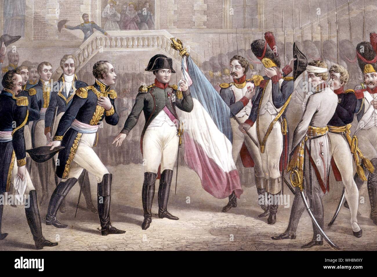 Adieux de Napoleon a son armee (Fontainbleau 20 April 1814) - '... one of the great sentimental set-pieces of Napoleonic iconography - something of a Last Supper': Bonaparte's farewell to the Guard at Fontainbleau on 20 April 1814. Bibliotheque Nationale, Paris. Stock Photo