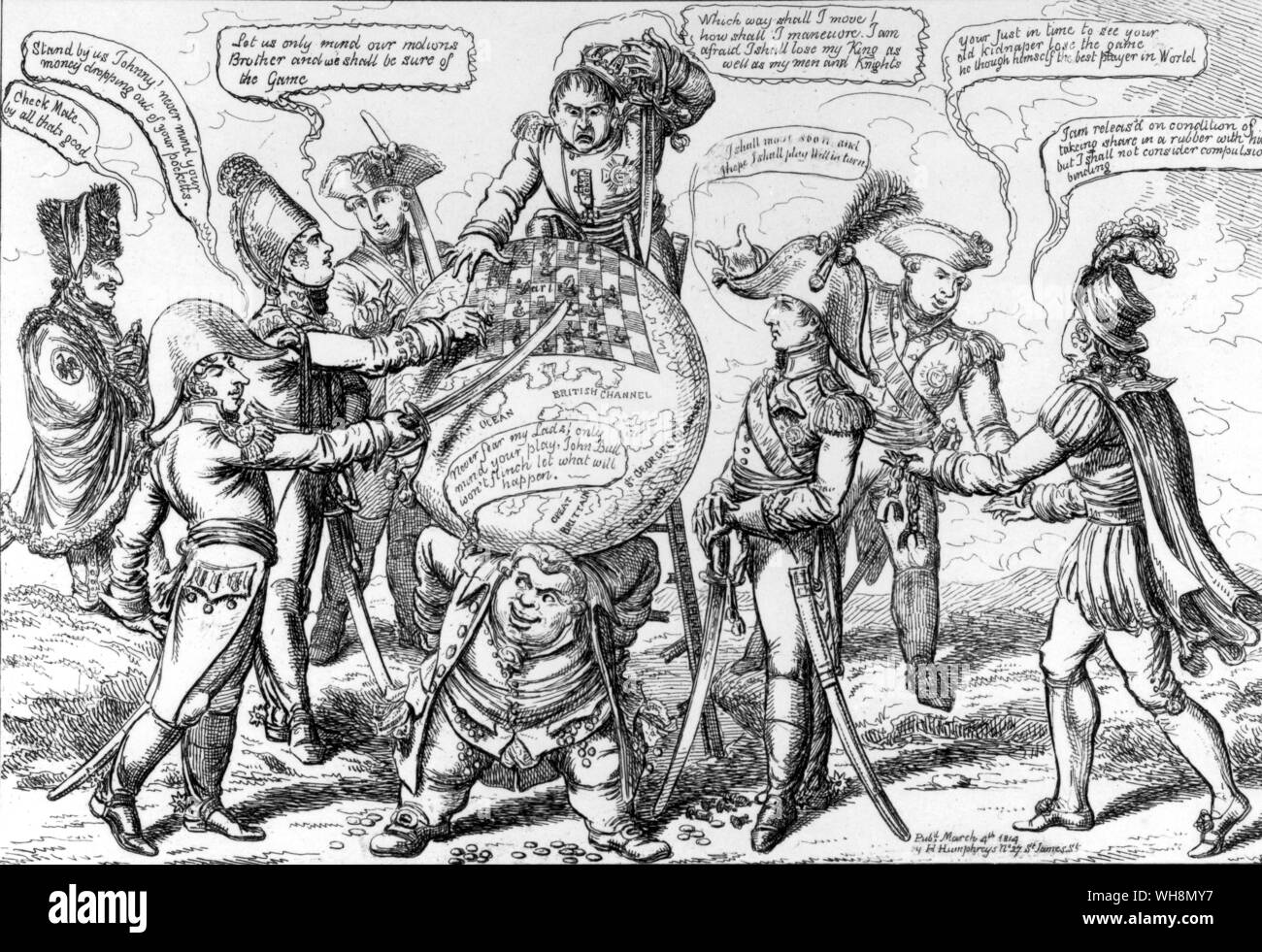 Meanwhile, a peaceful conference had opened at Chatillon...': John Bull holds up the globe, the upper part of which is a chess-board, while Bonaparte and allied sovereigns and generals play their grand-strategical game. An English cartoon published in 1814. British Museum Stock Photo