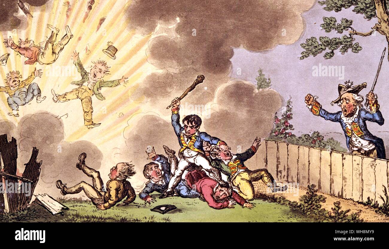 Napoleon Blowing Up His Comrades' - an English lampoon, by George Cruikshank, on his behaviour at the Ecole Militaire of Brienne. Though this incident is fictitious, he was a lonely misfit, noted for his 'gloomy and savage' nature. British Museum Stock Photo