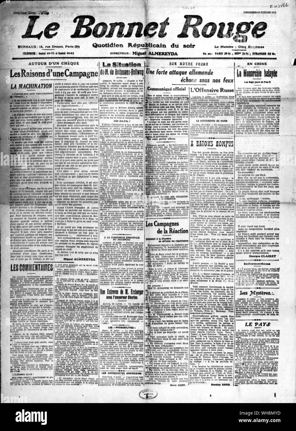 The French pacifist and revolutionary paper Le Bonnet Rouge published during the unrest of 1917 Stock Photo