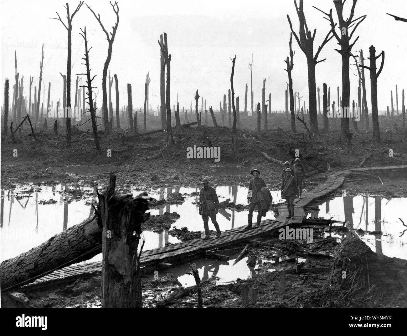 The Third Battle of Ypres 1917, known popularly at passchendaele: Australian troops over a duckboard track at Chateau Wood Stock Photo