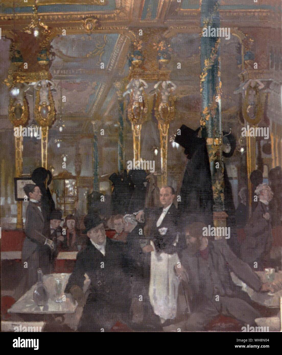A gathering of writers and artists in the Domino Room (left to right) Sir William Nicholson, unknown man, Nina Hamnett, James Pryde, self portrait, unknown man, waiter, Augustus John and George Moore Stock Photo