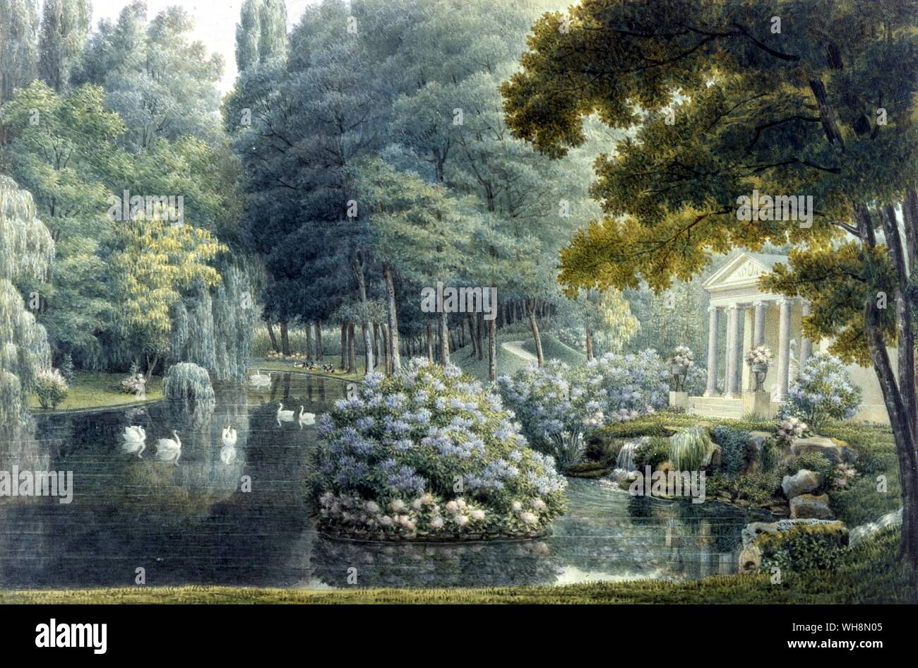 ... the English informal garden that Josephine (Bonaparte) took such joy in planting': The Temple of Love and the island of rhododendrons at Malmaison. One of a series of eight waterolours painted for her by Auguste Garneray. Collection Malmaison. Photos: Studio laverton. Stock Photo