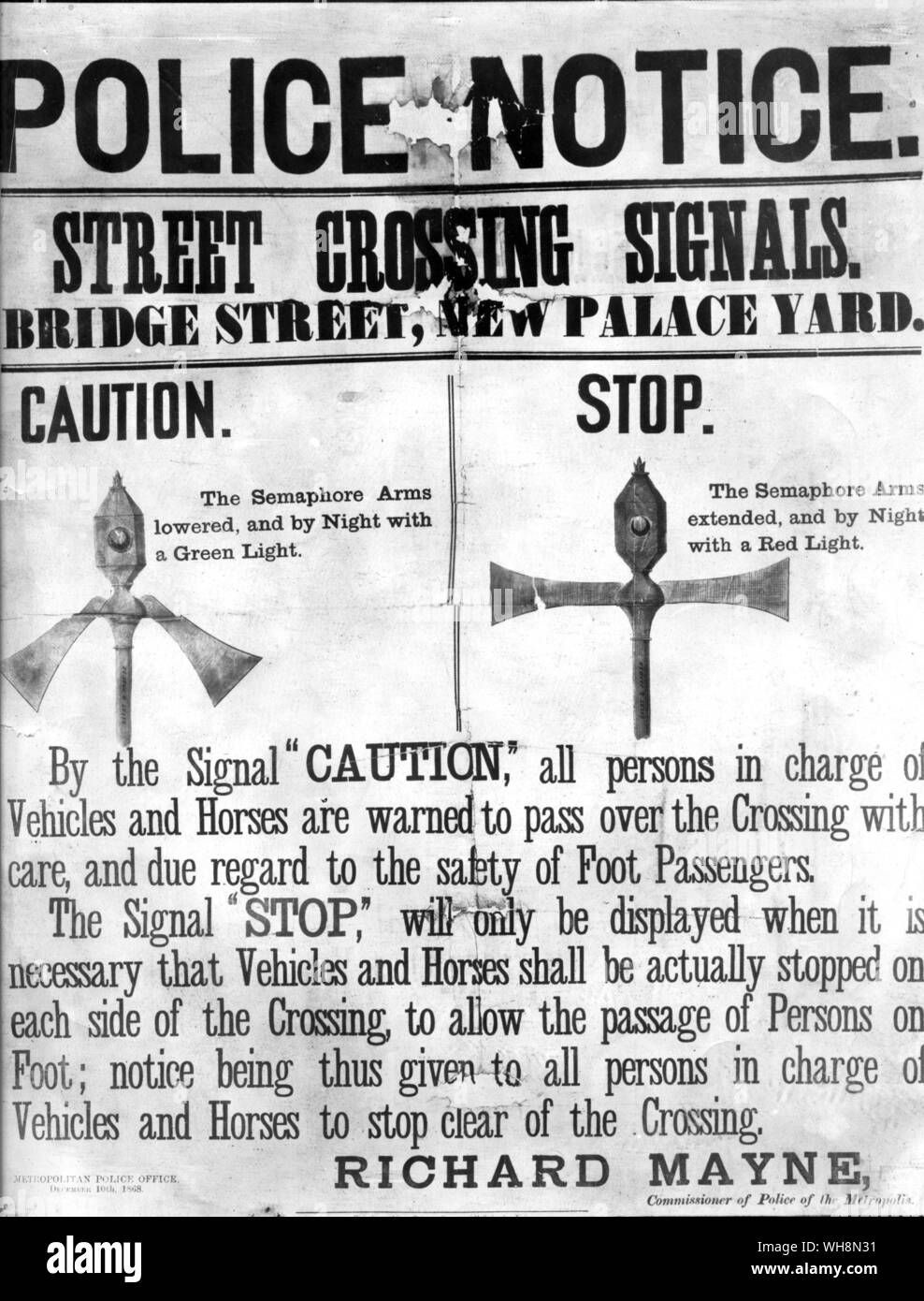 Motoring offences. Notice of the first traffic signals system dated 10 December 1868 Stock Photo