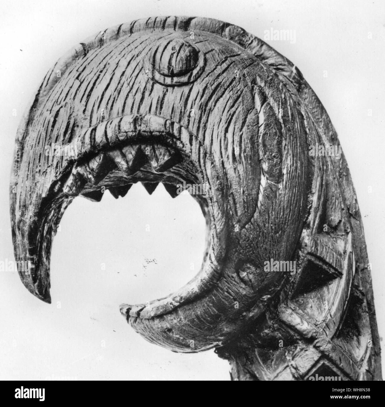 Head of the Wooden Stem Post of a Viking Ship The prow of a raiding longship was designed to terrify those who attempted to defend themselves against it Stock Photo