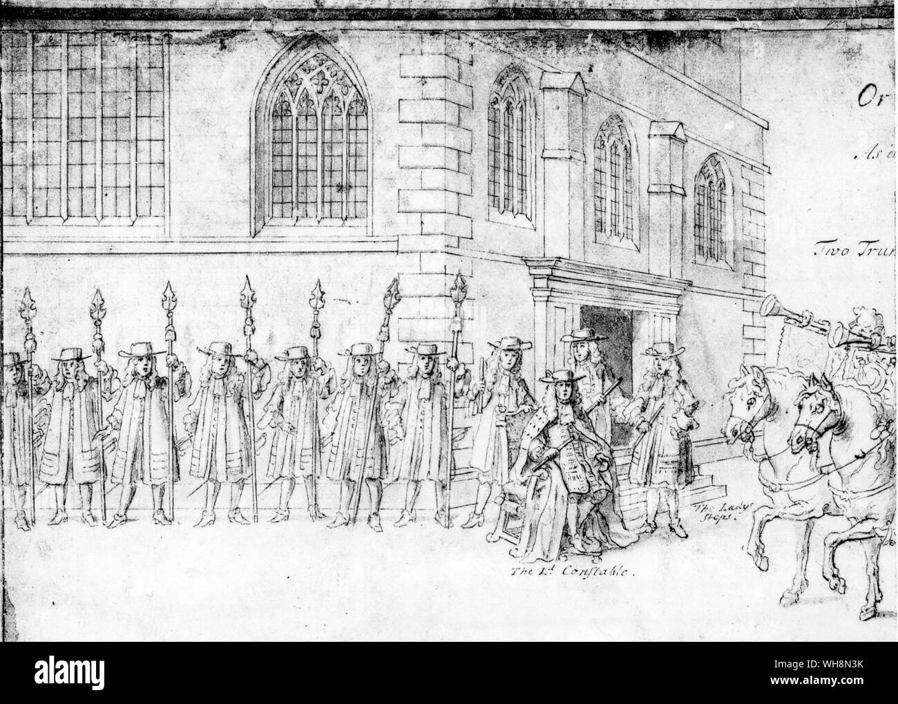 The opening of a new assembly of the Estates began with the ceremonial 'Riding of Parliament'. Having viewed the rooms of the House the Constable, seen here in 1681, sat at the Lady Steps and saluted Members as they dismounted Stock Photo