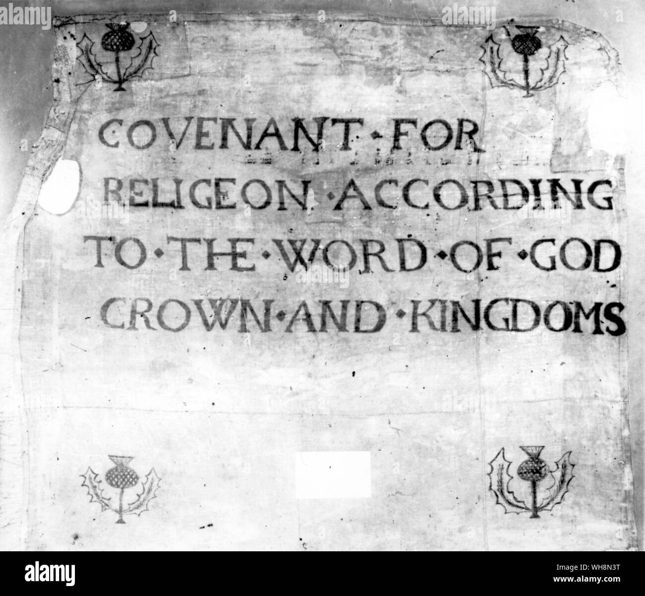 Covenant for Religeon according to the word of God Crown and Kingdoms . A standard carried by the Covenanters 'There was the sound of pipes and fiddles, the singing of psalms, and before the Lord General's tent was a great banner...' Stock Photo