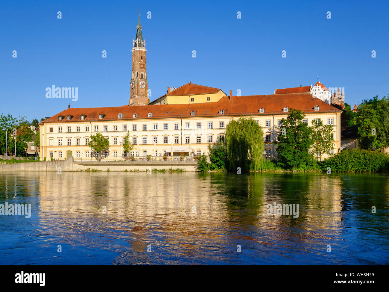 Germany, Landshut, City theater, Trausnitz Castle and Chrurch of St Martin at Isar River Stock Photo