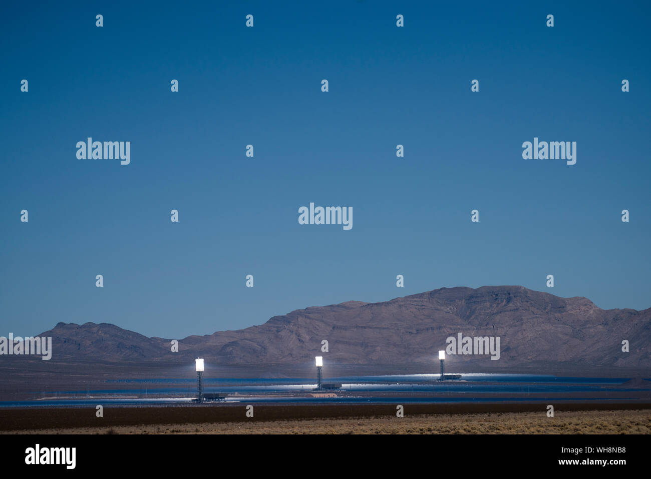 The Ivanpah Solar Electric Generating Station generates electricity in the Mojave Desert in San Bernardino County, California Stock Photo