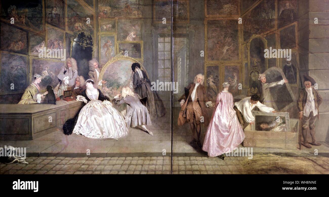 L'Enseigne de Gersaint, the sign painted for the shopkeeper Gersaint, by Antoine Watteau. In 1744 Rothenburg negotiated for the sale of this painting and from 1755 it hung, cut in two, in the music room of the new wing at Charlottenburg. In 1760 it was damaged by Austrian and Russian soldiers. It now hangs at Charlottenburg again. Stock Photo