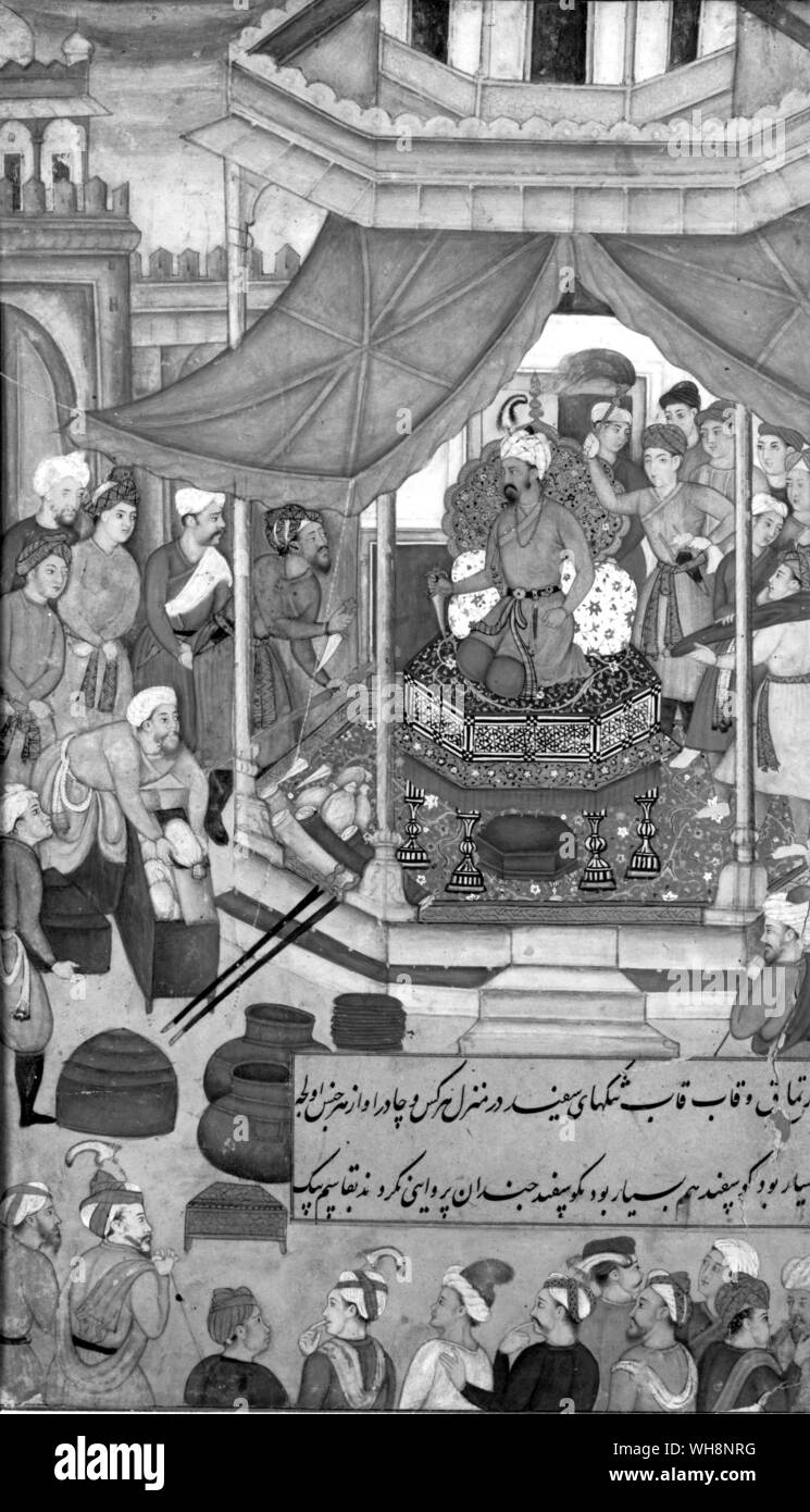 Babur, enthroned in Kabul, receiving tribute: detail, late 16th century Stock Photo
