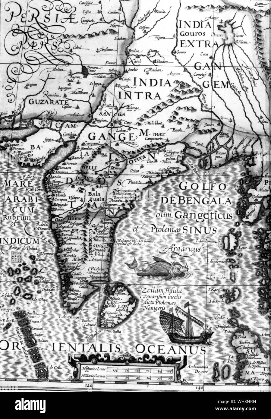 Mercator's cramped version of India, from the edition which Roe presented to Jahangir Stock Photo