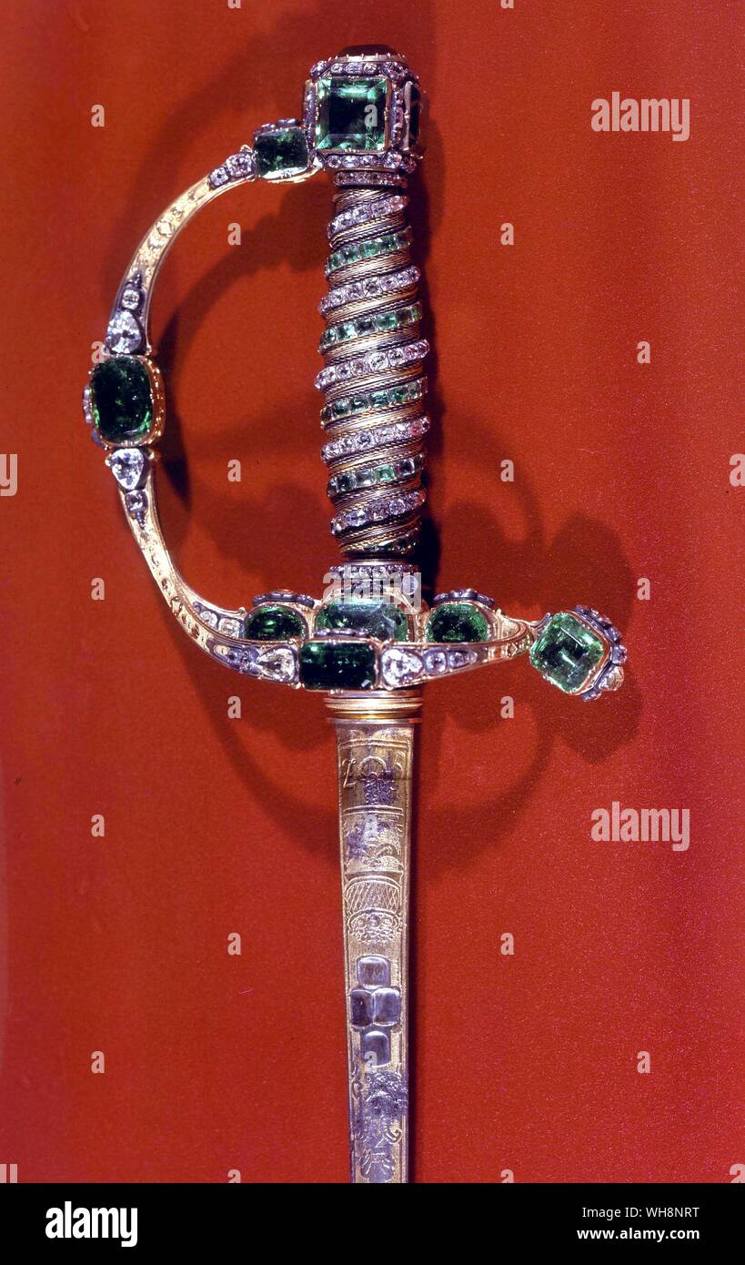 The sword-hilt from the emerald set of regalia made in 1742 for Augustus III. The pendant was mounted by J. F. Dinglinger and the onyx carved by C. Hubner. Stock Photo