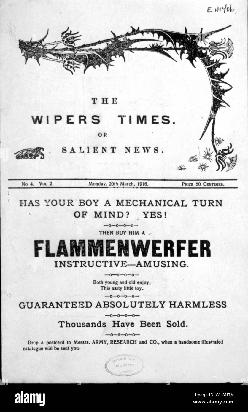 Life on the Western Front. Wartime distractions advertised in The Wipers Times March 1916 Stock Photo