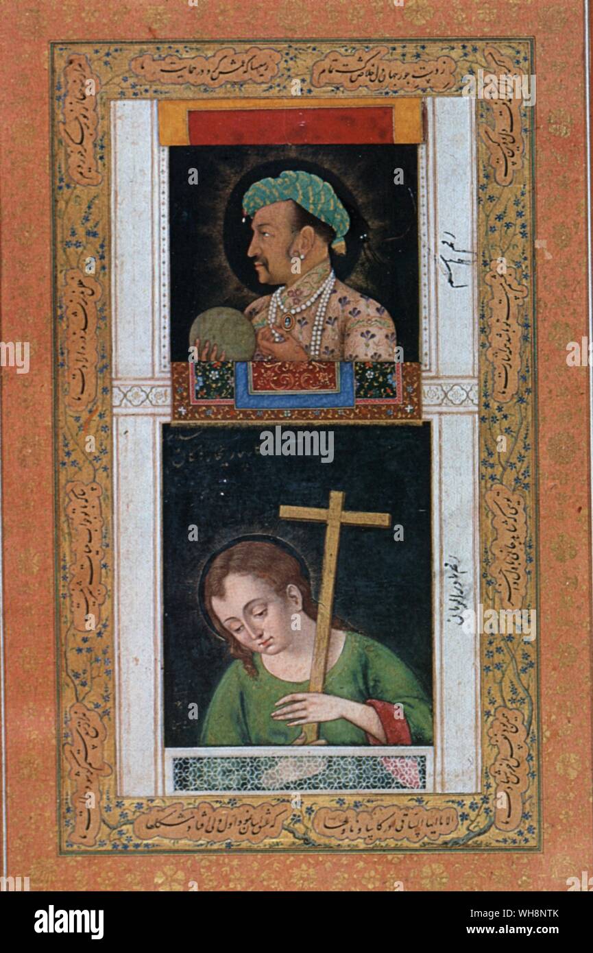 Akbar's son Jahangir, sharing a window with Christ - Moghul albums were often composed like exquisite scrap--books: c.1620 Stock Photo