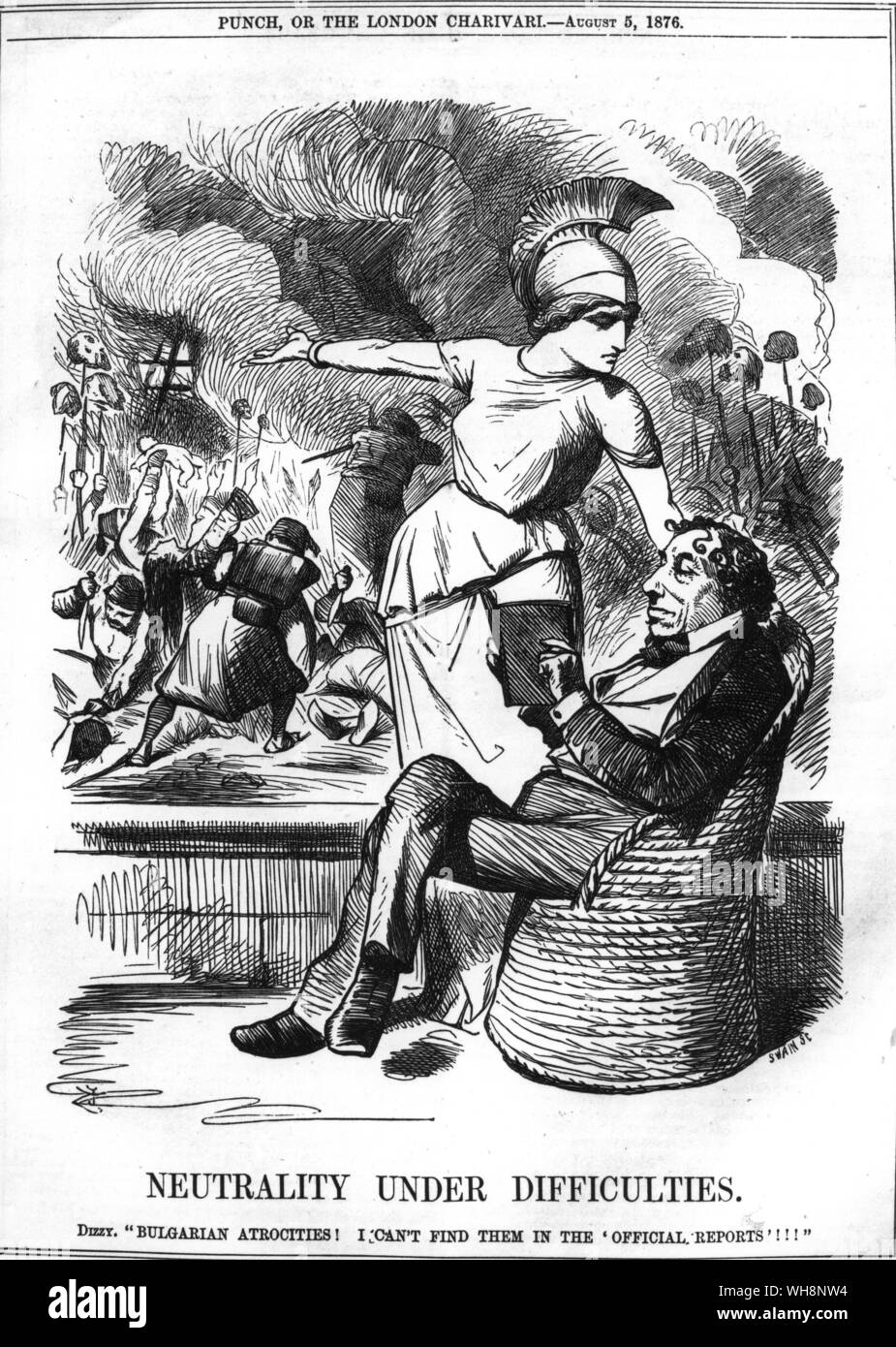 Opinion in England as shown by the figure of Britannia differed to that  held by Disraeli who affected to believe the atrocities had been much  exaggerated by journalists and troublemakers such as