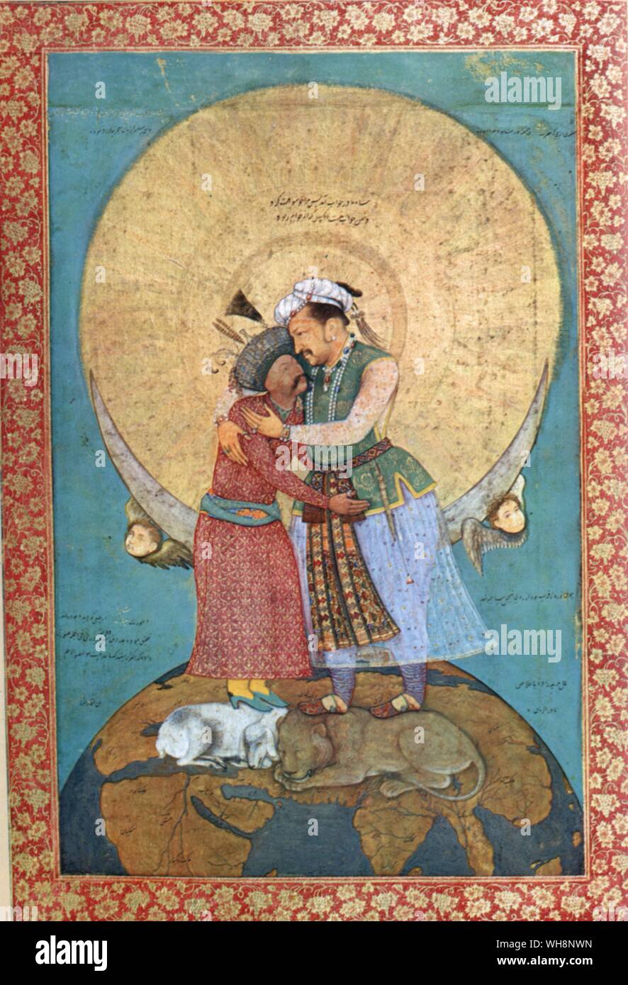 Jahangir bestrides the globe and embraces Shah Abbas of Persia - but incidentally pushes him into the Mediterranean: by Abul Hassan, c.1620 Stock Photo