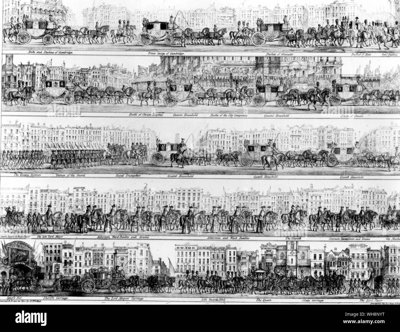 Royal procession from Temple Bar to Guildhall Lord Mayor Day 9 November 1837 .. The Queen's Stage Coach in the bottom row Stock Photo