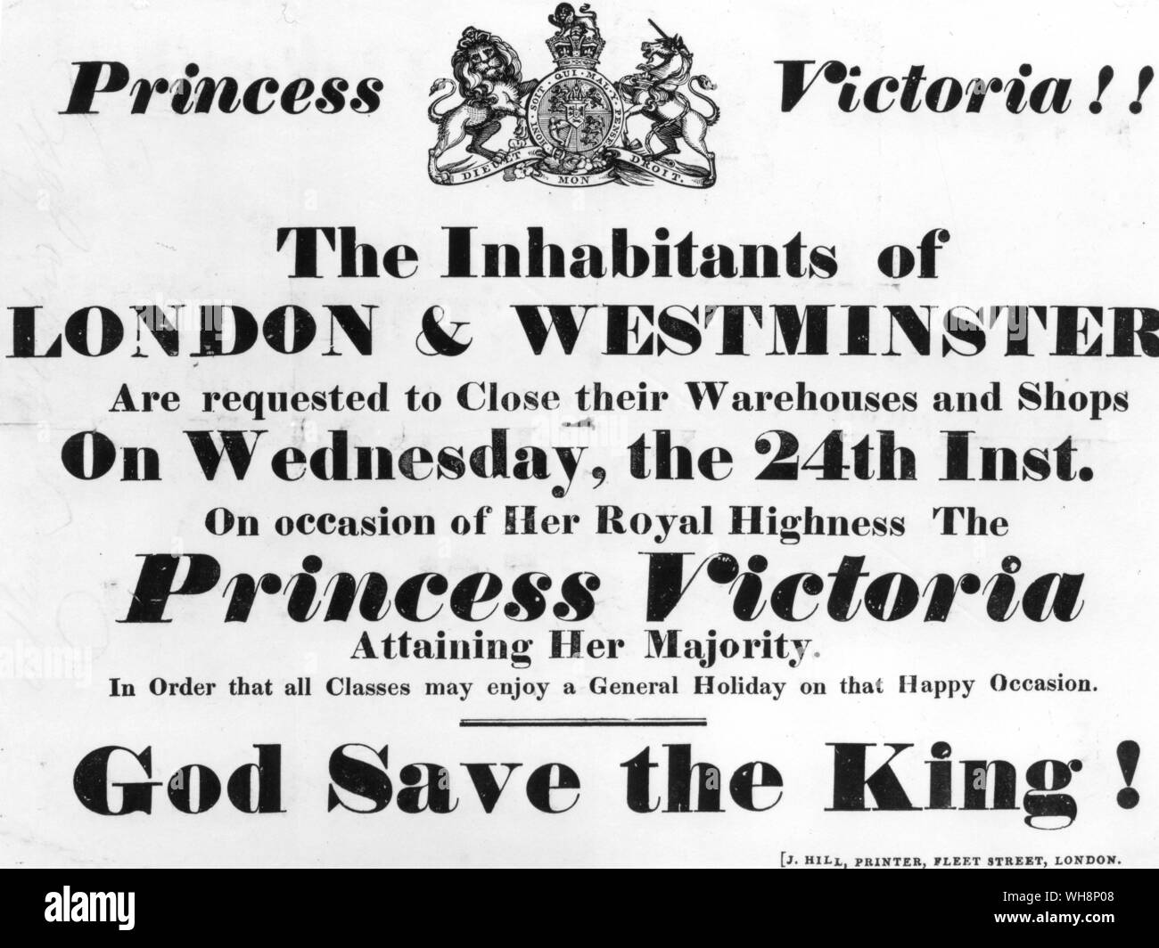 Princess Victoria attains her majority proclamatio of a holiday 24 May 1837 Printed Handbill circulated in May 1837 to celebrate Princess Victoria's eighteenth 18 birthday and coming of age Stock Photo