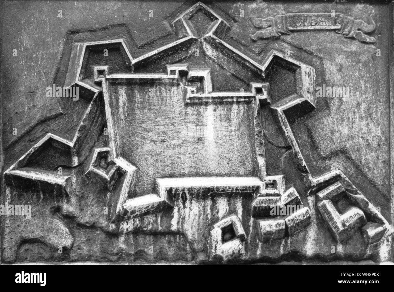 Relief maps from the facade of Santa Maria Zobenigo, showing the fortress towns of Spolit and Zadar Stock Photo